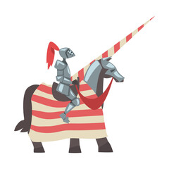 Poster - Medieval Knight on Horseback with Spear, Chivalry Warrior Character in Full Metal Body Armor with Shield and Sword Cartoon Style Vector Illustration