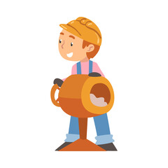 Poster - Boy Construction Worker and Concrete Mixer, Cute Little Builder Character Wearing Blue Overalls and Hard Hat with Professional Equipment Cartoon Style Vector Illustration