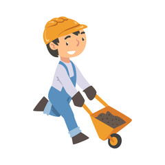 Wall Mural - Boy Construction Worker Pushing Wheelbarrow, Cute Little Builder Character Wearing Blue Overalls and Hard Hat Cartoon Style Vector Illustration