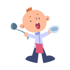 Sticker - Boy Chef Cook with Ladle and Plate, Cute Child Professional Cooker Character Wearing White Hat and Apron Cooking Delicious Food on Kitchen Cartoon Style Vector Illustration