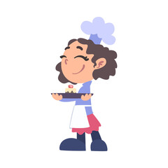 Sticker - Girl Chef Cook Holding Plate with Cupcake, Cute Child Cooker Character Wearing White Hat and Apron Cooking Delicious Food on Kitchen Cartoon Style Vector Illustration