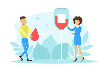 Sticker - Tiny Doctor and Male Blood Donor, Blood Donation Charity Concept Flat Vector Illustration