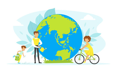 Poster - People Taking Care about Planet Ecology, Tiny Characters Cleaning, Watering and Using Eco Friendly Transport, Ecology and Environment Protection Concept Flat Vector Illustration.