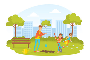 Canvas Print - People Taking Care about Ecology, Young Woman and Two Children Planting Trees in Park, Ecology and Environment Protection Concept Flat Vector Illustration