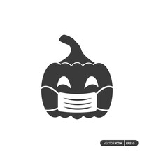 Pumpkin Using Mask Icon. Solid Icon Of Black Pumpkin Using Mask Vector Design. Isolated On White Background