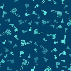 Green line Butterfly net icon isolated seamless pattern on blue background. Vector.