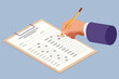 © Golden Sikorka - The student filling out answers to exam test answer sheet with a pencil. Education concept. Isometric vector illustration