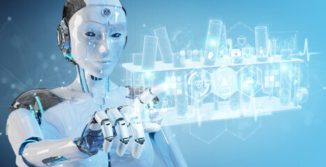 Aufkleber - Robot holding and touching holographic tubes samples projection 3D rendering