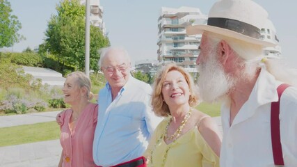 Wall Mural - Group of seniors making party and having fun. Meeting old friends outdoor. Lifestyle moments together in the city and at the park