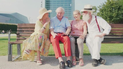 Wall Mural - Group of seniors making party and having fun. Meeting old friends outdoor. Lifestyle moments together in the city and at the park