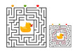 © Chorna_L - Square maze labyrinth game for kids with rubber duck. Labyrinth logic conundrum. Three entrance and one right way to go. Vector flat illustration isolated on white background.