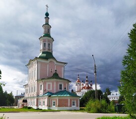 Old large pink church in the old town Totma,Vologda region,Russia