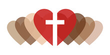 Christian Love For Diversity Of All Lives Banner. Anti-racism Cross With Skin Tone Hearts Representing Love, Inclusivity, Diversity And Equality For All Ethnic Groups. Vector Illustration.