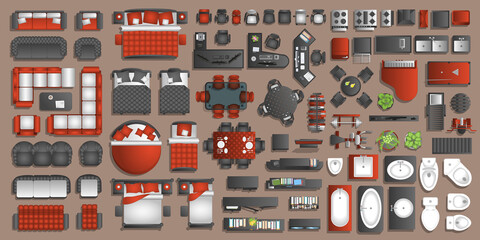 Wall Mural - Icons set of interior. Furniture top view. Elements for the floor plan. (view from above). Furniture and elements for living room, bedroom, kitchen, bathroom, office.