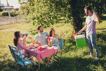 Poster - Four nice attractive glad friendly cheerful cheery best buddy fellow guys group meeting gathering bringing beer spending weekend sunny day fresh air holiday house backyard