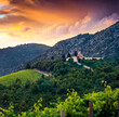Colorful evening view of Croatian countryside. Stunning spring view with Sveti Ante Catholic church on background, Kremena village location, Croatia. Beautiful world of Mediterranean countries.