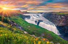 Wonderful Summer View Of Popular Tourist Destination - Gullfoss Waterfall. Spectacular Sunrise On Hvita River. Gorgeous Morning Scene Of Iceland, Europe. Traveling Concept Background.