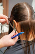 © okskukuruza - Hands of hairdresser combs hair of young woman in hair salon. Hairstyle process in a beauty salon