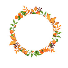 Orange, Red And Green Autumn Leaves And Berries Round Frame. Hand Drawn Watercolor Illustration.