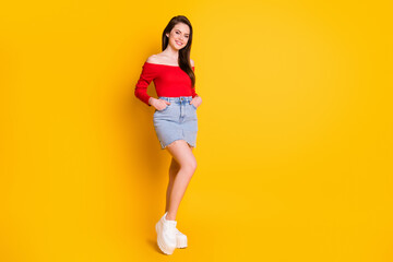 Canvas Print - Full length body size view of her she nice-looking attractive lovely slender cheerful brown-haired girl posing wearing red top isolated over bright vivid shine vibrant yellow color background