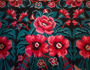 Moldavian national woven carpet, traditional floral pattern. Handcrafted vintage style rug, cultural symbol of Moldova and Romania folklore. Red flowers ornament, retro stitch. Ethnic textile motif.