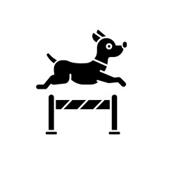 Wall Mural - Pet training black glyph icon. Domestic animals taming and discipline education service silhouette symbol on white space. Dog preparing for contest, jumping over obstacle vector isolated illustration