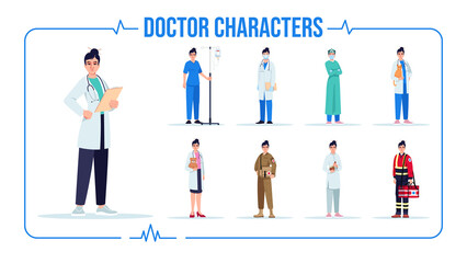 Sticker - Asian doctor semi flat RGB color vector illustration set. Herbal medicine specialist. Combat female medic. Virologist. Female doctor. Isolated cartoon one character on white background pack