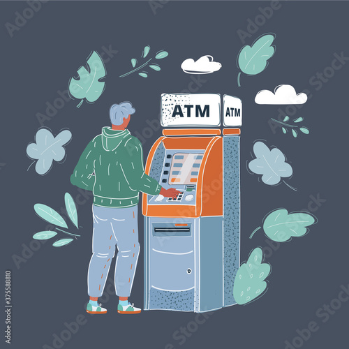 Fotomural Vector illustration of man draws out money in a cash ATM on dark background
