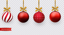 Set Of Realistic Red Christmas Balls With Various Patterns. Vector