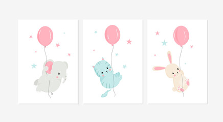 Cute posters with little rabbit, elephant, and cat vector prints for baby room, baby shower, greeting card, kids and baby t-shirts, and wear. Hand drawn nursery