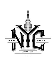 NYC letters and Empire State Building. New York city logo, emblem, vintage style. Vector illustration.