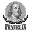 Portrait of Benjamin Franklin with laurel branches and the inscription 