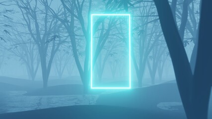 Glowing neon frame in forest. Fluorescent light portal in darkness for copy space. 3D rendering image