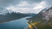 Drone Video Showing Snow-capped Mountains, Forest And Spray Lakes Reservoir, Alberta, Canada