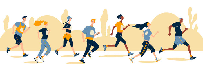 Group of running men and women in sportswear at marathon race.  Marathon race, 5k run, sprint. Flat cartoon illustration on white background. Creative landing page design template, web banner.