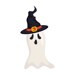 Wall Mural - halloween, scary ghost using hat witch in white background vector illustration design