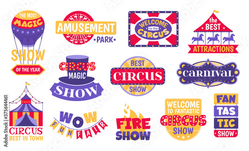 Set of circus vintage labels, emblems, badges and logos isolated on white bac...