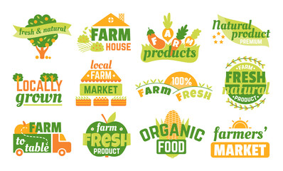 Farm market labels set of vector illustrations, banners and ribbons for organic, fresh and farmer products design. Green vegetarian logo, premium quality farming emblems. Natural products stickers.