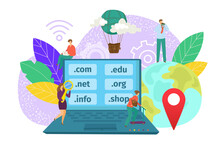 Domain Web Name Registration Concept, Website Hosting Icons In Laptop And Network People, Vector Illustration. SEo, Internet Technology, Www Information On Server. Registrate Domaine Name Online.