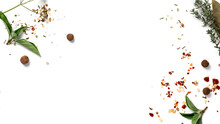 Various Spices And Herbs On A White Background Top View. Free Space For Text. Food Background, Ingredients For Cooking.