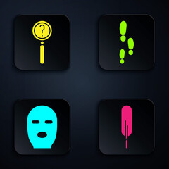 Sticker - Set Feather pen, Magnifying glass with search, Thief mask and Footsteps. Black square button. Vector.