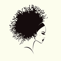 Wall Mural - Beautiful woman with Afro curly hairstyle and elegant makeup.Beauty and hair salon illustration.Cosmetics, hairdresser and spa icon.Young lady portrait.Cute girl face.Profile view.