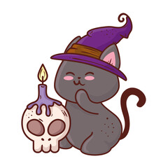 Sticker - halloween, cute black cat using hat witch and skull with candle vector illustration design