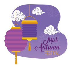 Sticker - chinese mid autumn festival with clouds and lanterns hanging vector illustration design