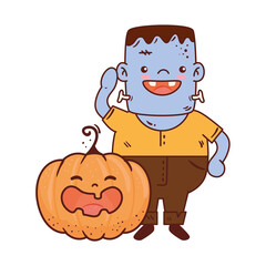 Poster - boy disguised of frankenstein with pumpkin for happy halloween celebration vector illustration design