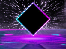 Luminous Square. Synth Wave, Retro Wave, Vaporwave Futuristic Aesthetics. Glowing Neon Style. Horizontal Wallpaper, Background. Stylish Flyer For Ad, Offer, Bright Colors And Smoke Neoned Effect.