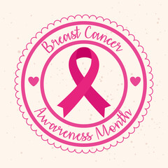 Poster - seal stamp with pink ribbon, symbol of world breast cancer awareness month vector illustration design