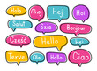 Greeting phrases in different languages. Handwritten lettering illustration. Black vector text in neon speech bubbles. 