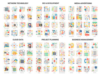 Aufkleber - Complex concept flat abstract vector icons set with science network technology for SEO or social media advertising, cloud data development and business project planning outline modern symbols