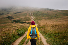 Long Way Up To Mountain Peak. Woman Hiking On Footpath In National Park Mala Fatra, Slovakia